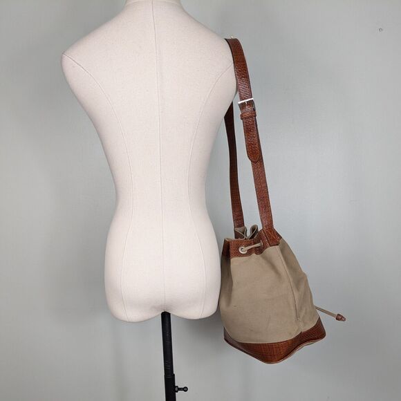 Vintage Talbots Bucket Bag Tan Brown Y2K Handbag Purse Leather Canvas Crossbody - Picture 3 of 16